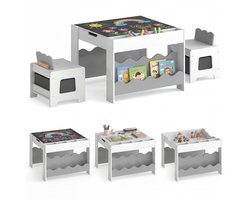 COSTWAY Kindertafel met 2 stoelen, 3-delige kinderset met opbergruimte | 4-in-1 kinderverftafel met omkeerbaar tafelblad, boekenplank & stoffen laden, knutseltafel voor kinderen vanaf 3 jaar, Grijs