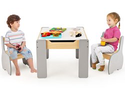 COSTWAY Kindertafel met 2 stoelen, 3-delige kinderzitgroep van hout met omkeerbaar en afneembaar tafelblad, schildertafel voor kinderen met opbergruimte, kindermeubel, zitgroep voor kinderen vanaf 3