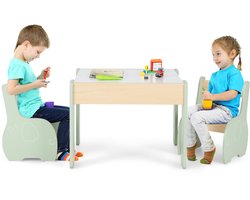 COSTWAY Kindertafel met 2 stoelen, 3-delige kinderzitgroep van hout met omkeerbaar en afneembaar tafelblad, schildertafel voor kinderen met opbergruimte, kindermeubel, zitgroep voor kinderen vanaf 3