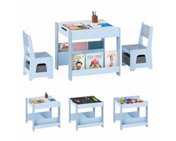 COSTWAY Kindertafel met 2 stoelen, 3-delige kinderzitgroep van hout met omkeerbaar tafelblad, boekenplanken en opbergdozen, 4-in-1 schildertafel voor kinderen vanaf 3 jaar (blauw)