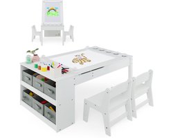 COSTWAY Kindertafel met 2 stoelen, 3-in-1 activiteitstafel en schildersezel van hout met optilbaar tafelblad met gekleurde bekers, 6 stoffen containers en papierrol, kinderzitgroep voor vanaf 3 jaar,
