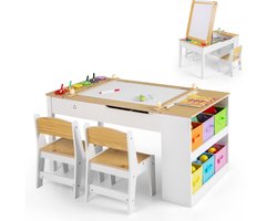 COSTWAY Kindertafel met 2 stoelen, 3-in-1 activiteitstafel en schildersezel van hout met optilbaar tafelblad met gekleurde bekers, 6 stoffen containers en papierrol, kinderzitgroep voor vanaf 3 jaar,