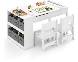 COSTWAY Kindertafel met 2 stoelen, 3-in-1 activiteitstafel en schildersezel van hout met optilbaar tafelblad met gekleurde bekers, 6 stoffen containers en papierrol, kinderzitgroep voor vanaf 3 jaar
