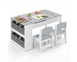 COSTWAY Kindertafel met 2 stoelen, 3-in-1 activiteitstafel en schildersezel van hout met optilbaar tafelblad met gekleurde bekers, 6 stoffen containers en papierrol, kinderzitgroep voor vanaf 3 jaar