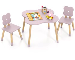 COSTWAY Kindertafel met 2 stoelen in bloemvorm, 3-delige kinderset met FSC-duurzame dennenhouten poten, schildertafel, speeltafel, knutseltafel voor kinderen vanaf 3 jaar (Roze)