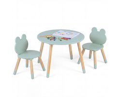 COSTWAY Kindertafel met 2 Stoelen in Kikker-vorm, 3-delige Kinderset met Pijnboomhouten Poten, Kinder Tafel Stoel Set Binnen, Ronde Tekentafel voor Kinderen vanaf 3 Jaar (Groen)