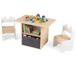 COSTWAY Kindertafel met 2 stoelen in krokodilvorm, 3-delig. Kindersitgroep van hout met opbergruimte & stoffen lade, activiteitentafel, tekentafel kinderkamer voor kinderen vanaf 3 jaar (Wit)