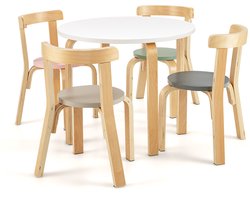 COSTWAY Kindertafel met 4 stoelen, 5 stuks. Houten zitgroep met ronde tafel, afgeronde hoeken en randen, kindermeubel zitset voor kinderen vanaf 4 jaar (kleurrijk)