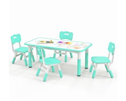 COSTWAY Kindertafel met 4 stoelen, kinderzitgroep, in hoogte verstelbaar, met graffiti-tafelblad, kindertafelstoelset, Maltafel, activiteitstafel voor jongens en meisjes vanaf 18 maanden (groen)