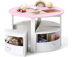 COSTWAY Kindertafel met 4 stoelen, rond, 5-delige kinderzitgroep van hout met 4 opbergkrukken en 4 stoffen laden, schildertafel ruimtebesparend voor kinderkamer, zitgroep voor kinderen vanaf 3 jaar