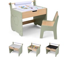 COSTWAY Kindertafel met stoel, 3-in-1 kinderzitgroep van hout met omkeerbaar en afneembaar tafelblad, schildertafel voor kinderen met opbergruimte en papierrolhouder, zitgroep voor kinderen vanaf 3