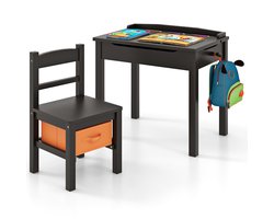 COSTWAY Kindertafel met stoel, bureau van massief hout met inklapbaar tafelblad, lade en haken, activiteitstafel, kinderzitgroep met opbergruimte, voor kinderen vanaf 3 jaar, met doos, bruin