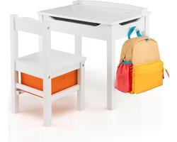 COSTWAY Kindertafel met stoel, bureau van massief hout met inklapbaar tafelblad, lade en haken, activiteitstafel kinderzitgroep met opbergruimte, voor kinderen vanaf 3 jaar (wit)