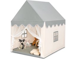 COSTWAY Kindertent voor binnen, kinderspeelhuis voor jongens meisjes prinses, kinderspeeltent met massief houten frame & katoenen plafond, kinderspeelhuis voor binnen, 120x105x140cm (beige+grijs)