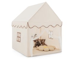 COSTWAY kindertent voor binnen, kinderspeelhuis voor jongens meisjes prinses, kinderspeeltent met massief houten frame & katoenen plafond, kinderspeelhuis voor binnen, 120x105x140cm, beige