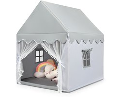COSTWAY Kindertent voor binnen, kinderspeelhuis voor jongens meisjes prinses, kinderspeeltent met massief houten frame & katoenen plafond, kinderspeelhuis voor binnen, 120x105x140cm (grijs)