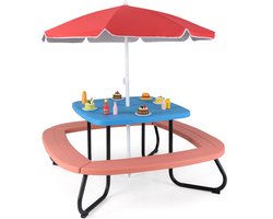 COSTWAY Kinderzitgroep buiten, kinderzitgroep voor maximaal 8 kinderen, picknicktafel met parasol en 4 zitbanken, tuinmeubelen, zitgroep voor tuin, achtertuin (rood)