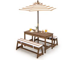 COSTWAY Kinderzitgroep, kinderpicknicktafel met banken, kussens en parasol, kinderzitgarnituur van hout, voor buiten, tuinmeubelen voor tuin, achtertuin, terras (lichtbruin)