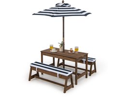 COSTWAY Kinderzitgroep, kinderpicknicktafel met banken, kussens en parasol, kinderzitgarnituur van hout, zitgroep buiten, tuinmeubelen voor tuin, achtertuin, terras (blauw)