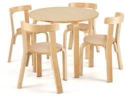 COSTWAY Kinderzitgroep met 4 stoelen, 5-delige kindertafel- en stoelenset van populier + berkenhout met afgeronde hoeken en randen, kindermeubel voor kinderen vanaf 4 jaar (natuur)