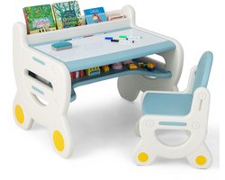 COSTWAY Kinderzitgroep met in hoogte en kantelbaar tafelblad, kindertafel met kruk, om te tekenen, leren, spelen en eten, voor kinderen vanaf 3 jaar (blauw)