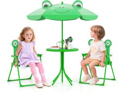COSTWAY Kinderzitgroep met parasol, 4-delige kinderzitset met 2 klapstoelen, zitgroep voor kinderen, outdoor, picknicktafel, tuinmeubelen voor camping, strand en tuin (groen)