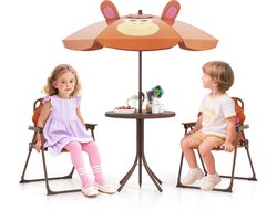 COSTWAY Kinderzitgroep met parasol, 4-delige kinderzitset met 2 klapstoelen, zitgroep voor kinderen, outdoor, picknicktafel, tuinmeubelen voor camping, strand en tuin (bruin)
