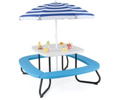 COSTWAY Kinderzitgroep voor buiten, kinderzitgroep voor maximaal 8 kinderen, picknicktafel met parasol en 4 zitbanken, tuinmeubelen, zitgroep voor tuin, achtertuin (blauw)