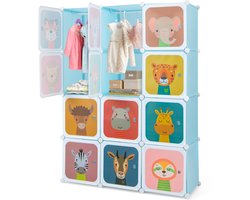 COSTWAY Kledingkast voor kinderen, reksysteem van kunststof met 12 kubussen, kinderrek uitbreidbaar met deuren en 2 hangers, opbergkast, steekrek voor kinderkamer, speelkamer (blauw)