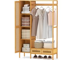 COSTWAY Kledingrek bamboe, kapstok met kast, kledingstang, opbergvak en laden, vrijstaande kledingkast voor kleedkamer, slaapkamer, 102 x 33 x 160 cm