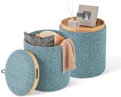 COSTWAY Kruk, set van 2, ronde voetenbank met opbergruimte en omkeerbaar deksel, make-uptafelkruk, gevoerde voetenbank voor woonkamer, slaapkamer, blauw