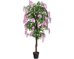 COSTWAY Kunstboom met bloemen, grote kunstplant in pot, kamerplant met natuurlijke bladeren en 2 stammen, kunstbloemen, planten, boom, kunstbloem, roze, decoratieve plant, groene plant, 180 cm