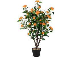 COSTWAY Kunstmatige Camellia Boom, Nep Bloeiende Camellia Plant met 37 Gele Bloemen, Regen Steentjes, In Pot Gesimuleerde Camellia Boom voor Thuis, Woonkamer, Winkel en Kantoor