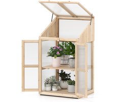 COSTWAY Kweekbed met 2 etages, van hout en polycarbonaat, weerbestendig, broeikas met 2 deuren, deksel en afneembare planken, plantenbed, kweekkast, broeikas, voor tuin en balkon, 69 x 58 x 121 cm