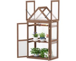 COSTWAY Kweekbed, mini-broeikas, 3-laags plantenbed met opklapbaar dak, kweekhuis met 2 deuren, broeikas van hout en polycarbonaat, kweekkast voor balkon, tuin, bruin, 71 x 41 x 145 cm