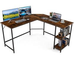 COSTWAY L-vormig Bureau, bureau voor thuiskantoor met 2 planken, computerbureau met metalen frame & voetsteun, hoekbureau voor kantoor, slaapkamer en studeerkamer (bruin)