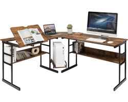 COSTWAY L-vormig bureau, hoekbureau van hout met kantelbaar tafelblad, 2 planken & CPU-standaard, computerbureau voor thuis & op kantoor, 170 x 150 x 75 cm