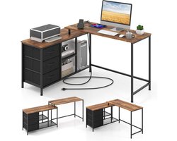 COSTWAY L-vormig bureau met stopcontact, omkeerbaar hoekbureau met 3 stoffen laden en roosterplanken, 205 cm lange computertafel, hoektafel voor thuiskantoor (rustiek bruin)