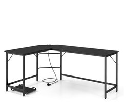 COSTWAY L-vormig bureau met stopcontacten en CPU-standaard, hoektafel, computertafel, bureautafel voor thuiskantoor, 168 x 125 x 74,5 cm (zwart)
