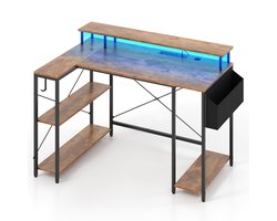 COSTWAY L-vormig bureau met stopcontacten en ledverlichting, 120 cm hoekbureau met monitorstandaard, planken en opbergtas, hoektafel, gaming computertafel (rustiek bruin)