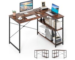 COSTWAY L-vormig bureau, omkeerbaar hoekbureau met verstelbaar rek en metalen frame, computertafel van hout, bureautafel, hoektafel voor thuis en kantoor, 118 x 86 x 74 cm (bruin)
