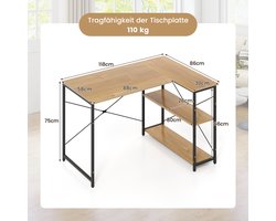 COSTWAY L-vormig bureau, omkeerbaar hoekbureau met verstelbaar rek en metalen frame, computertafel van hout, bureautafel, hoektafel voor thuis en kantoor, 118 x 86 x 74 cm (natuur)