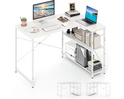 COSTWAY L-vormig bureau, omkeerbaar hoekbureau met verstelbaar rek en metalen frame, computertafel van hout, bureautafel, hoektafel voor thuis en kantoor, 118 x 86 x 74 cm (wit)