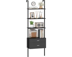 COSTWAY Ladderrek met 6 verdiepingen met 2 laden, wandgemonteerde boekenkast met metalen frame, modern open rek voor opslag en presentatie voor woonkamer, kantoor (zwart)