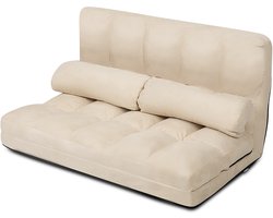 COSTWAY Lazy 3-in-1 vloerbank, inklapbaar, slaapbank met 6 standen verstelbare rugleuning en 2 kussens, slaapfunctie voor slaapkamer, woonkamer en balkon, belastbaar tot 150 kg (beige)