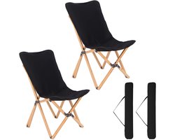 COSTWAY Ligstoel, set van 2, klapstoel van bamboe met zijzak, vouwstoel tot 150 kg belastbaar, inklapbare campingstoel incl. draagtas, strandstoel voor camping, buiten en binnen, zwart