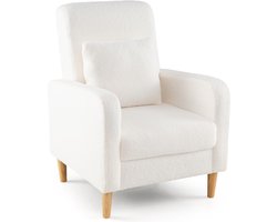 COSTWAY Loungestoel, teddy stoel met lendenkussen en houten poten, gevoerde enkele bank met rugleuning en armleuningen, oorfauteuil voor woonkamer en slaapkamer, belastbaar tot 150 kg, beige