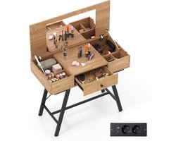 COSTWAY Make-up Tafel met Grote Spiegel & Oplaadstation & Klapdeksel & Lade Cosmeticatafel Natuur