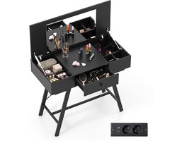 COSTWAY Make-up Tafel met Grote Spiegel & Oplaadstation & Klapdeksel & Lade Cosmeticatafel Zwart
