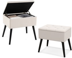 COSTWAY Make-upkruk met opbergruimte, gestoffeerde kruk met massief houten poten en opklapbare gevoerde zitting, rechthoekige kruk, voetenbank voor make-upruimte, slaapkamer (beige)